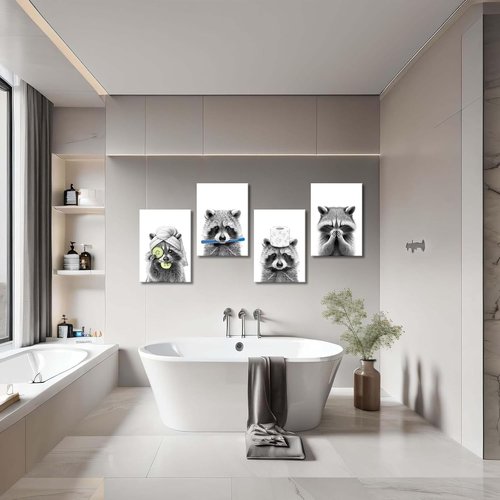 Danseed 4pcs Raccoon Bathroom Canvas Wall Art - Modern Black & White Animal Decor for Washroom