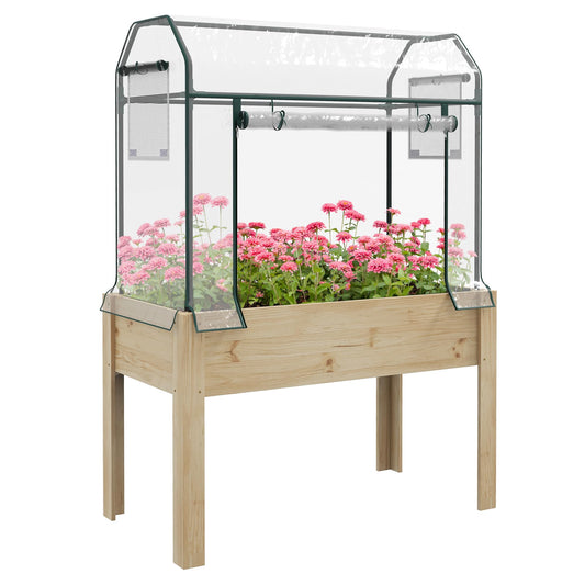Outsunny Raised Garden Bed with Plastic Greenhouse Cover and Bed Liner, Outdoor Elevated Wood Planter Box for Herbs and Vegetables, Use for Patio, Backyard, Balcony, 45 x 24 x 65 inch, Natural