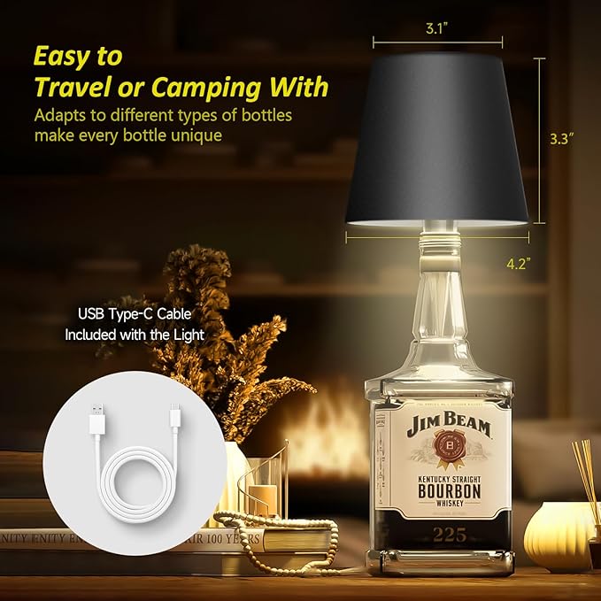 2025 New Wireless Bottle Lamp - LED Bottle Lights for Liquor & Wine Bottles, Cordless Lampshade, Whiskey Bottle Top Light, Bottle Stopper Night Light Kit, Rechargeable 3-Tone Touch-Dimmable 2 PCS
