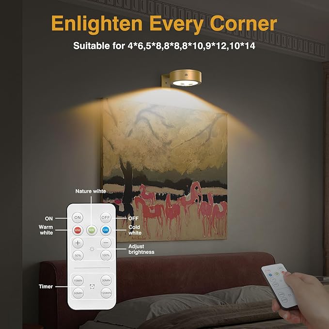 3Pack Wireless Picture Light,Battery Operated Painting Light with Remote,Magnetic Timer Display Art Lamp for Wall,Dimmable Picture Frame Light for Frame Artwork,Wall Decor Puck Lights-Gold