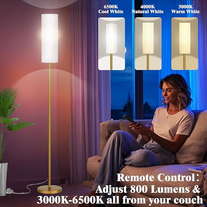 Smart LED Floor Lamp with APP Control & RGB Colors - Dimmable Standing Lamp for Living Room, Bedroom, Gaming - Remote, Timer, 9W Bulb Included, 67" Modern Tall Lamp (Gold)