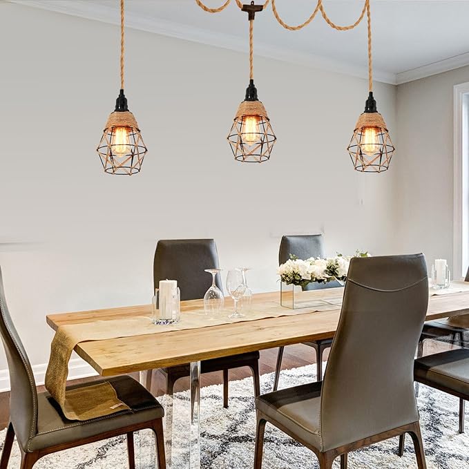 3-Light Hanging Light with Plug in Cord,Plug in Pendant Light 22ft Hemp Rope Pendant Lighting Vintage 3-Light Hanging Lamp Fixtures for Kitchen Island Living Room Bedroom