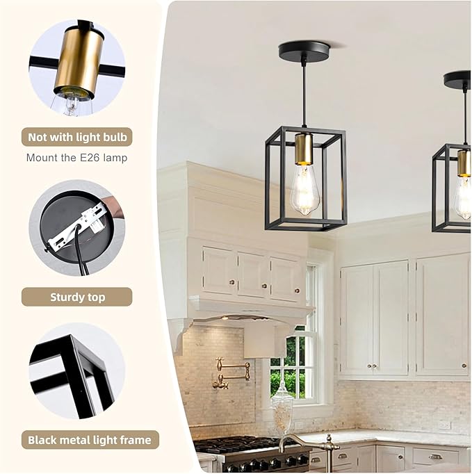 3 Pack Farmhouse Black and Gold Pendant Lights, Hanging Lamps for Living Room Entryway Foyer Indoor, Cage Lantern Kitchen Island Dining Room Light Fixture, Modern Matte Black Industrial Iron Light
