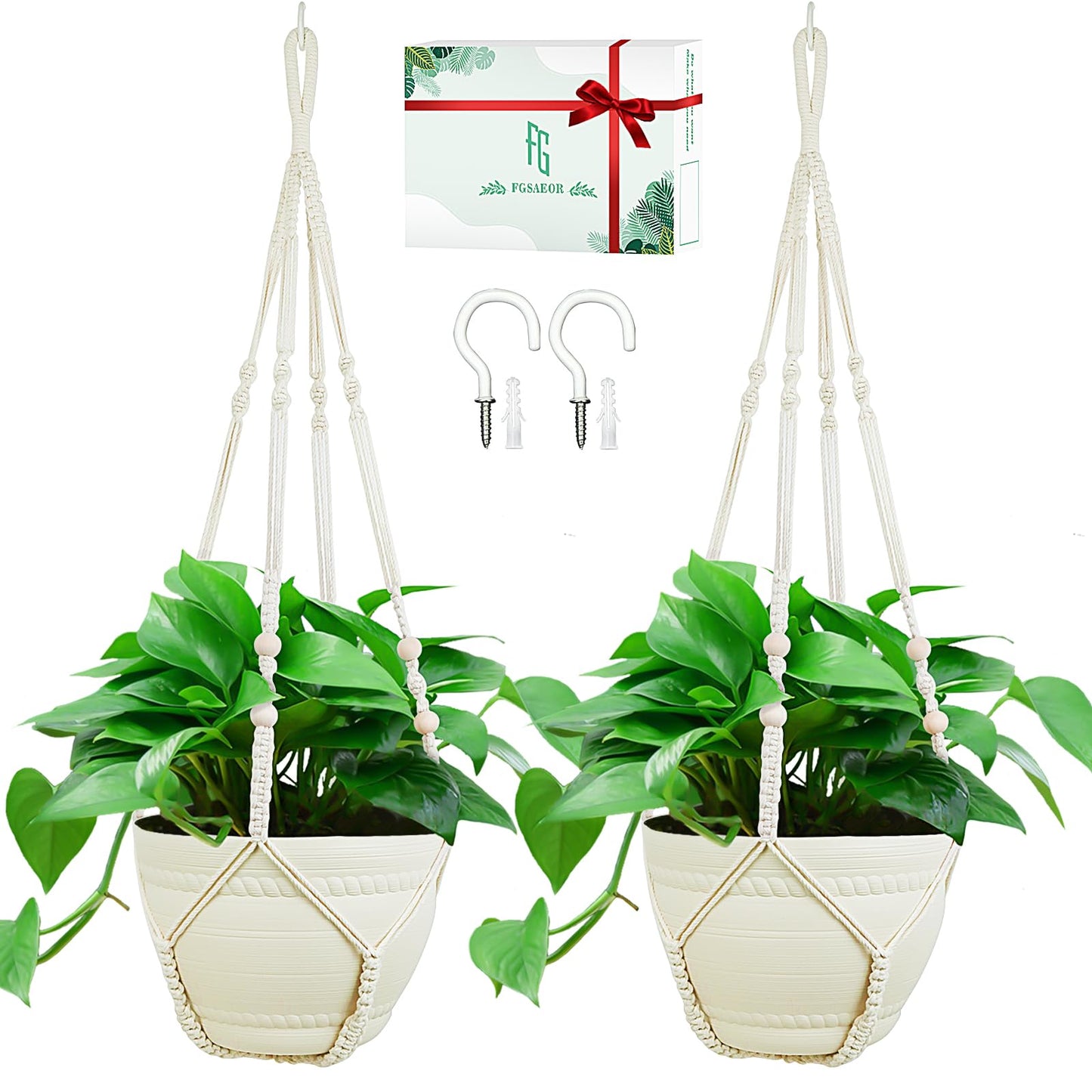 FGSAEOR Macrame Plant Holder Indoor Outdoor, Hanging 3-15 inch Pot, Bearing 20lb Planters, DIY Handmade Hanging Planter Basket, 35-Inch Extra Long Strong Boho Home Décor (2-Pack) (Ivory)
