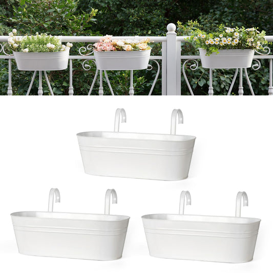 Dahey 3 Pcs Metal Iron Hanging Flower Pots for Railing Fence 15.7 Inch Hanging Bucket Pots Countryside Style Window Flower Plant Holder with Detachable Hooks for Garden Yard Home Decor, White