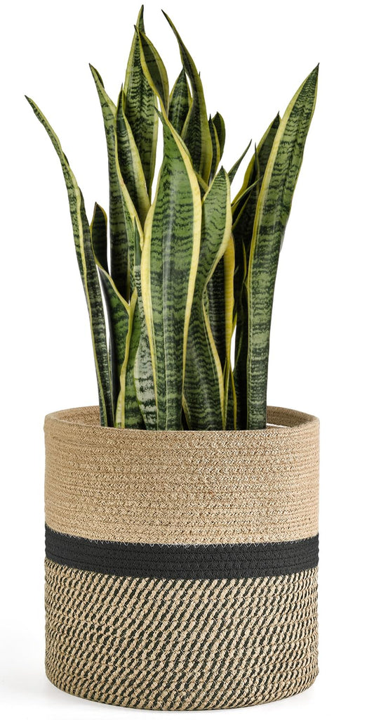 Dahey Jute Rope Plant Basket Modern Woven Storage Basket for 10.5" Indoor Planter, Decorative Flower Pots Cover Laundry Bin with Handle Rustic Home Decor, Black