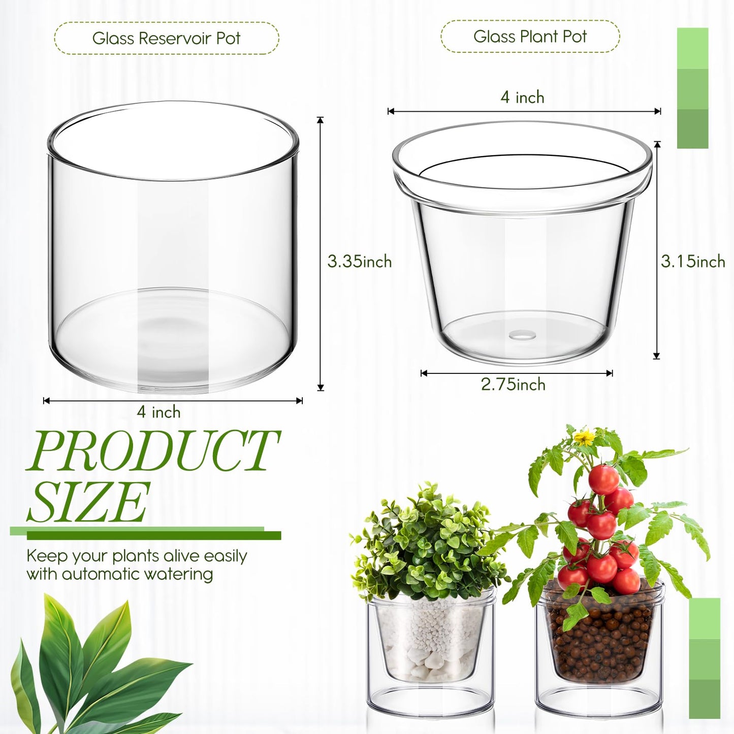 Baderke 2 Pcs 4 Inch Self Watering Pot for Indoor Plants Clear Glass Planter Small Plant Pot with Saucer Reservoir Drainage Holes Bottom Watering Pot for African Violet Orchid Flowers Houseplant
