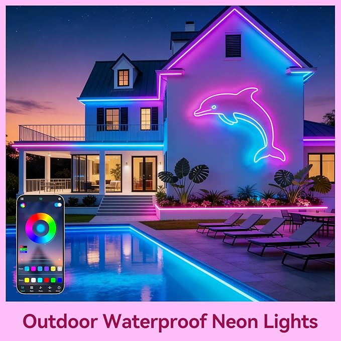 LED Neon Lights, 50FT RGB Neon Rope Lights App Control,IR Remote,Music Sync,IP67 Waterproof,Flexible DIY Design for Bedroom,Living Room,Gaming Room,Party,Outdoor,Christmas Decor