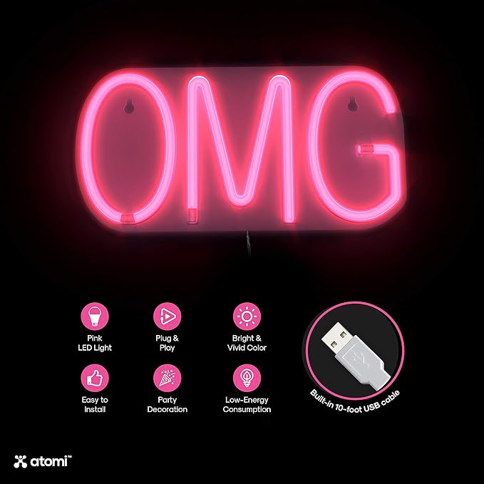 Atomi Smart Neon LED Light I Decorative Wall Art for Bedrooms, Bars & DIY Designs I USB Powered, 10 ft Cord - OMG - Pink