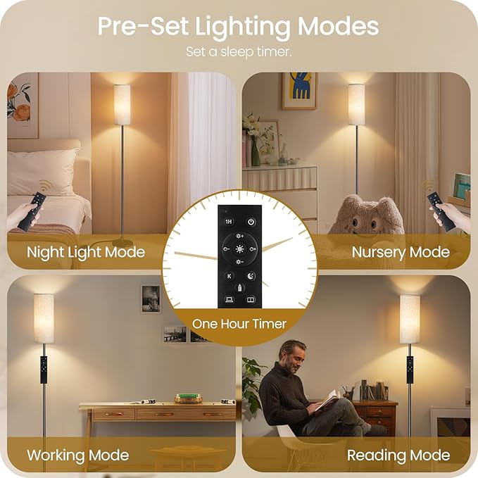 Set of 2 Dimmable Floor Lamps for Living Room with 2 Remotes and Foot Switch, 64.4”Modern Standing Tall Lamp, Corner Lamp for Bedroom, Bulb Included, 3000K-6500K, White Shade CW06LDP205W1