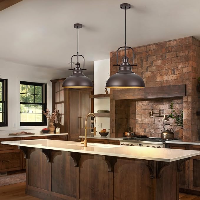 TAKEGO 11.8” Farmhouse Pendant Lights Kitchen Island, Oil Rubbed Bronze Rustic Pendant Light Fixture, Vintage Dome Pendant Light, Industrial Hanging Ceiling Lamp for Dining Room, Hallway