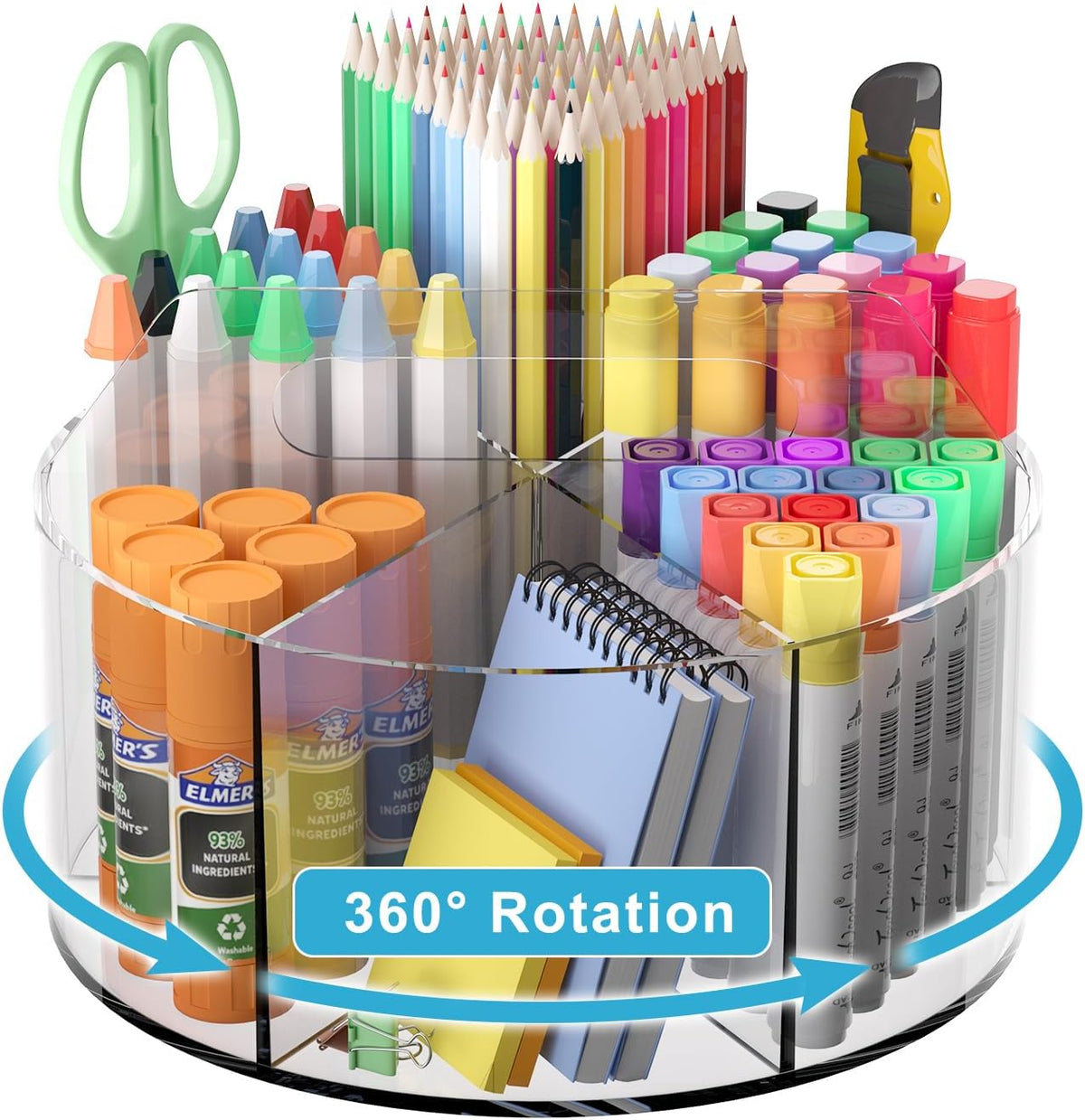 Rotating Markers Organizer - Acrylic Lazy Susan for Kids | 360° Spinning Pencil Holder with 6 Compartments