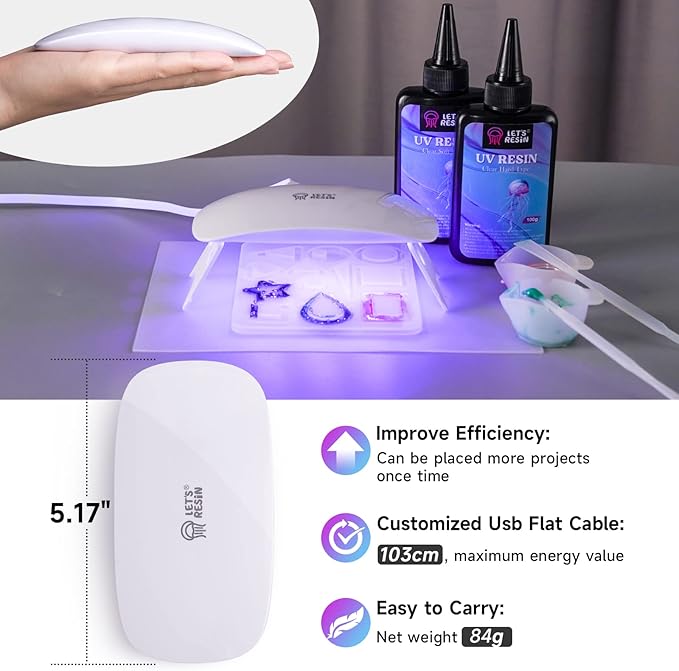 LET'S RESIN Mini UV Light for Resin, 2.5Times Higher Energy Value Portable Light, Faster Curing & 84g Light Weight UV Lamp, Supplies for UV Resin Molds, Jewelry Making, Craft Decor