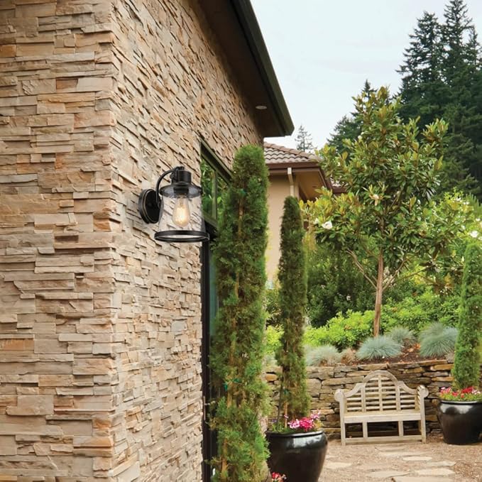 Globe Electric 44127 Charlie 1-Light Outdoor Indoor Wall Sconce, LED Bulb Included, Oil Rubbed Bronze, Clear Seeded Glass Shade, 500 Lumen