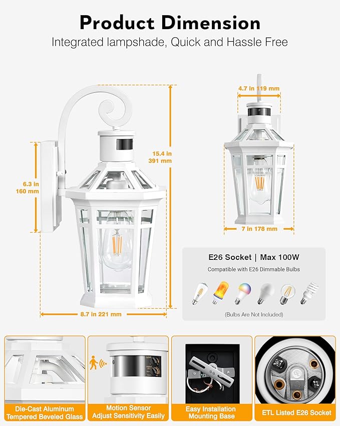 Motion Sensor Outdoor Wall Lantern, White Outdoor Lighting Fixtures Wall Mount, Dusk to Dawn Exterior Sconce Lights with Beveled Glass, Waterproof Exterior Front Porch Lights for Garage, Coach