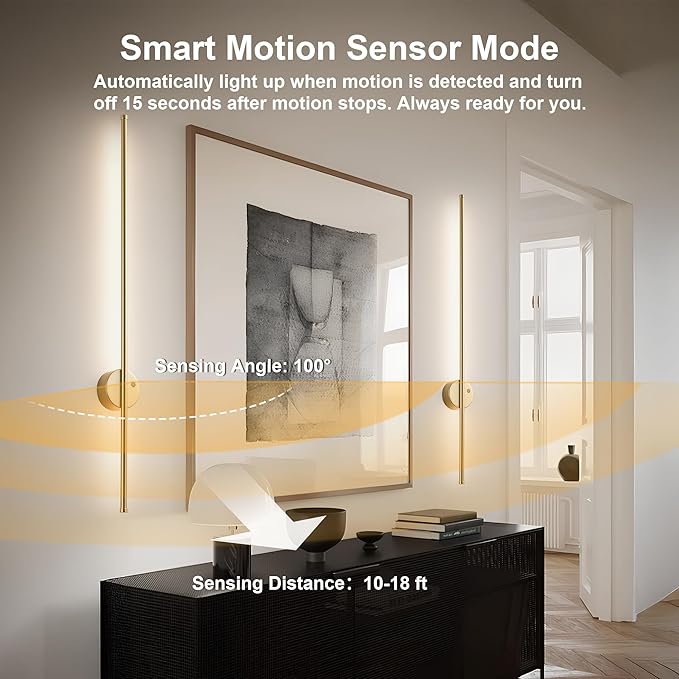 Motion Sensor Battery Operated Wall Sconce Set of Two - Modern Rechargeable Wireless Wall Lights with Remote Control, Dimmable, 3000K/4000K/6000K, Timer for Living Room, Hallway, Gold, 39.3 Inch