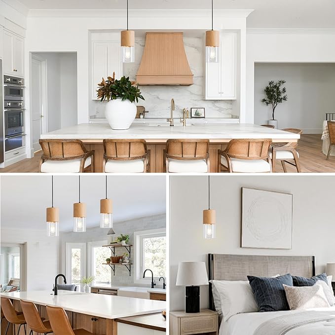 Modern Pendant Lights for Kitchen Island, Adjustable Pendant Light Fixtures with Raw Wood Grain, Industrial Clear Glass Pendant Lights for Dining Table Hallway Bedroom Living Room,1 Pack