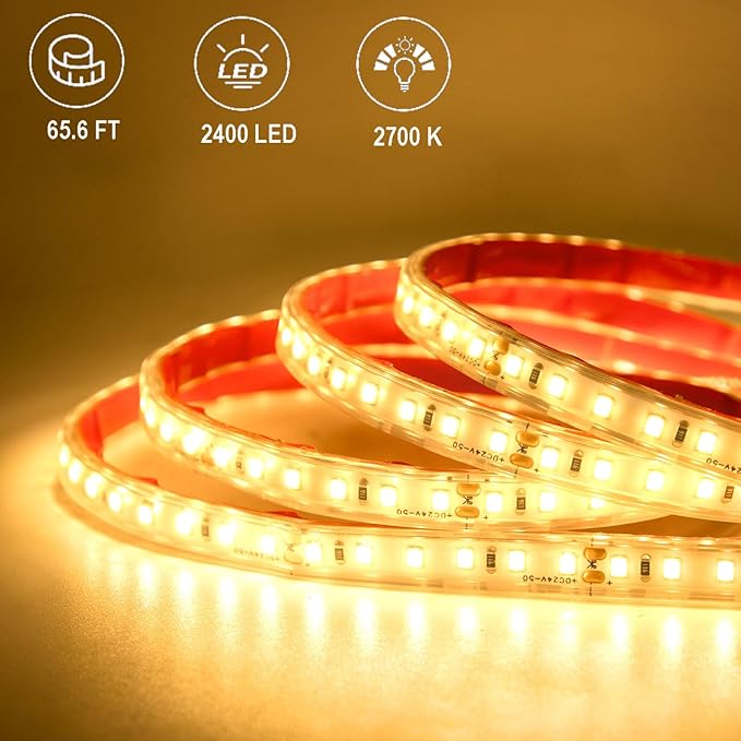 echosari 65.6Ft LED Strip Lights, 2700K Ultra-Bright Strip Lights with Timer Dimmable, 2400 LEDs Flexible Tape Lights Outdoor Waterproof Light Strip for Pool Pathway Balcony Patio (Warm White)