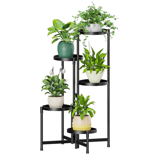 MOKANI Metal Plant Stand Indoor Outdoor for Multiple Plants, 5 Tiered Folding Corner Shelf Tall Flower Pot Holder Display Rack for Patio Living Room Balcony Garden, Black