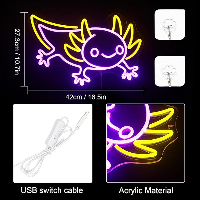 LUCUNSTAR Axolotl Neon Sign Anime Neon Signs for Wall Decor Man Cave Axolotl Decor for Men Neon Light for Wall Anime Kawaii Led Decor USB Powered Led Animal Signs for Home Wall Decor Boys Room