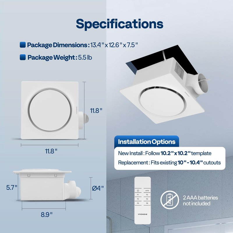 VIVOHOME AutoFlow Bathroom Exhaust Fan with Humidity Sensor (160-110-30CFM) - Energy-Saving EC Motor,10.2-inch Ceiling Retrofit Bath Fan, No Attic Access Needed(Install Kit, 4-in Duct Included)