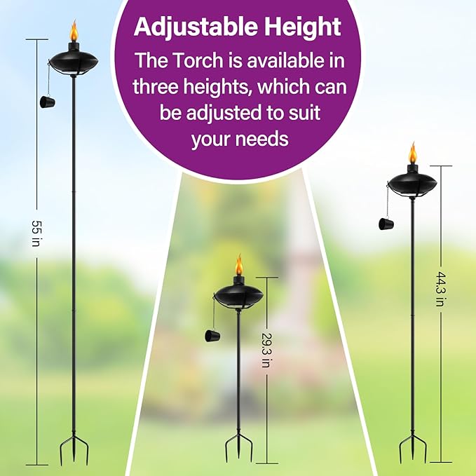 1 Pack Home Garden Torch , Outdoor Metal Torch Garden Décor ,55-Inch Upgraded Citronella Torches with 3-Prong Grounded Stake , Metal Light Torches for Party Patio Pathway (More Stable)
