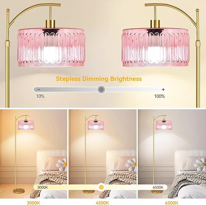 Pink Floor Lamp for Living Room,Bedroom,Gold Dimmable Standing Lamp with Remote,Mid Century Modern Brass Tall Lamp Boho Floor Lamps Arc Stained Glass Flower Floor Light Lamp Girls kids Bohemian