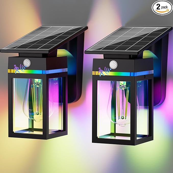 2 Pack RGB Solar Wall Lights Outdoor, Dusk to Dawn & Motion Sensor Porch Light with Lantern Shape, 10 Modes (RGB Cycle/Fixed) IP65 Waterproof, E26 Bulb Exterior Sconce for Front Porch, Garage, Patio
