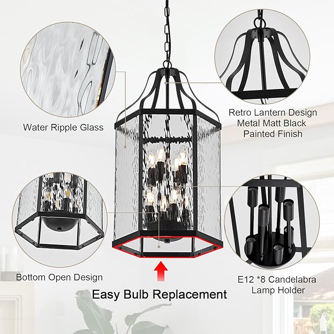 14" Modern 8-Light Exterior Black Lantern Pendant Light Fixture with Clear Rippled Glass Mini Industrial Hanging Cage Chandelier for Outdoor Kitchen Dining Room Hallway Entryway Foyer Porch