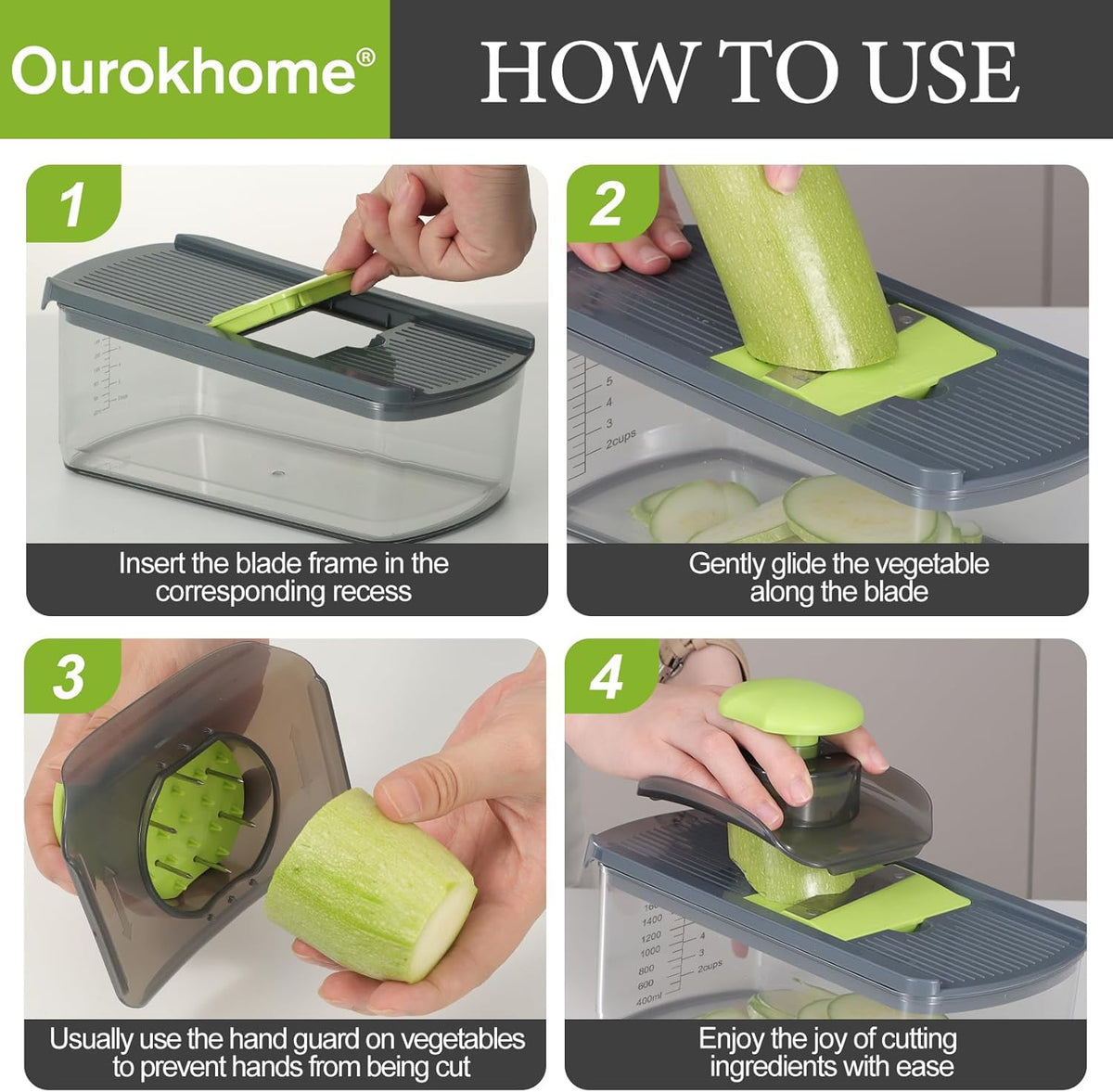 Ourokhome Mandolin Slicer - Safe Vegetable Shredder with 6 Blades | Essential Kitchen Gadget (Gray)