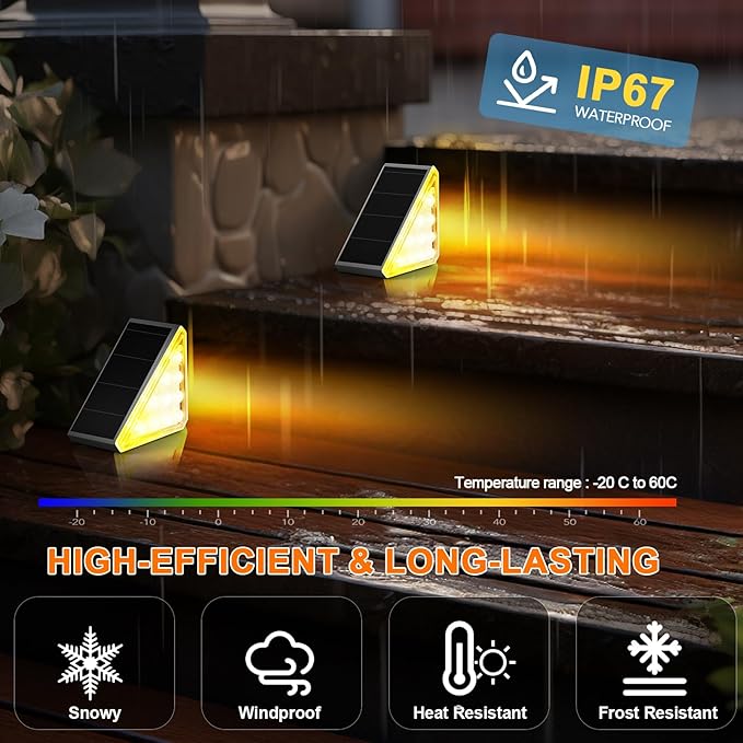 8 Pack Solar Stair Lights, Outdoor Step Lights with Waterproof IP67, Warm White LED Solar Light for Outside Light Decor for Stair, Deck, Front Step, Front Porch, Patio and Backyard