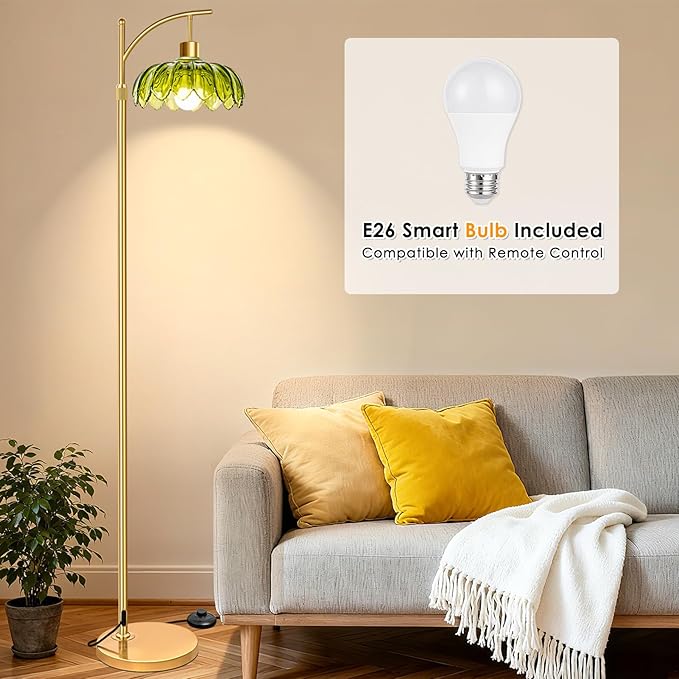 Gold Floor Lamps for Living Room: Tall Standing Lamp for Bedroom Office, Arc Mid Century Modern LED Floor Lamp with Remote, Vintage Boho Dimmable Green Flower Lamp for Corner