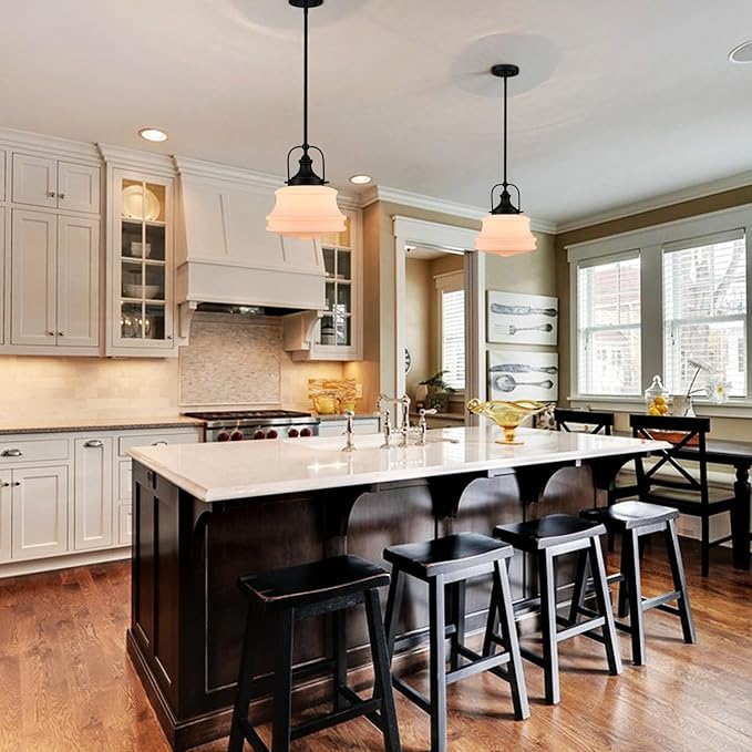 Industrial Pendant Light Fixtures Black Hanging Adjustable Schoolhouse Light Milk White Shade for Kitchen Bar Bedroom Bathroom Dining Room