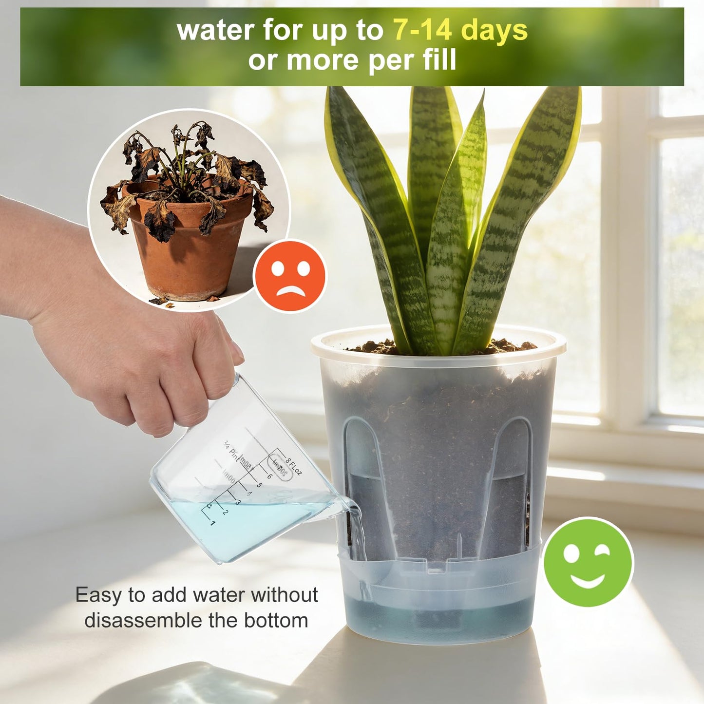 IWNTWY Plant Pots 6 inch Set of 5, Self Watering Pots for Indoor Outdoor, Upgraded Water Inlet Self Watering Planters Flower Pots with Drainage Hole and Clear Saucer Reservoir (Clear)
