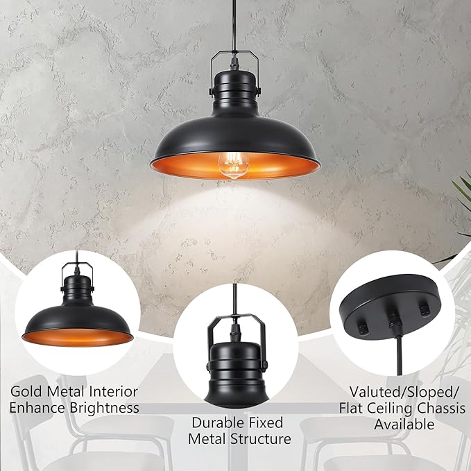Industrial Pendant Light, 10.5 Inch Farmhouse Small Black and Gold Chandelier, Vintage Hanging Light Fixture with 71'' Height Adjustable Cord for Kitchen Island, Dining Room, Bedroom - 1 Pack