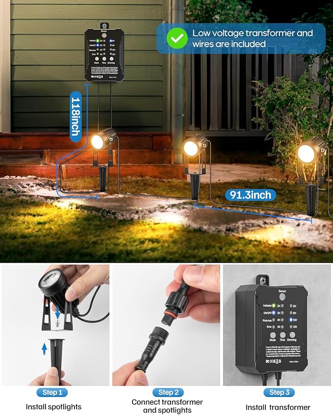 HIBOITEC Low Voltage Landscape Lighting with Transformer Photocell Sensor and Timer Spotlights Kit 68FT ETL Approved Wire Dimmable Waterproof 2700K for House Yard Trees Garden Plants Outdoor 8 Packs