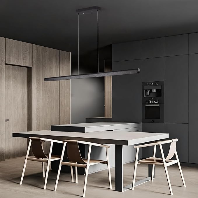 55inch Wood LED Linear Pendant Light, Dimmable Wood Ceiling Lamp,Minimalist Linear Chandelier, 40W Warm Light 3000K, Modern Kitchen Island Dining Room Lighting Black Adjustable Height