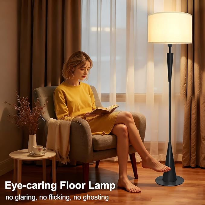 Floor Lamp for Living Room, Wood 3 Color Temperatures & Linen Shade, Modern Reading Standing Lamp with 9W LED Bulb, Mid Century Night Light for Farmhouse, Bedroom, Office, Black