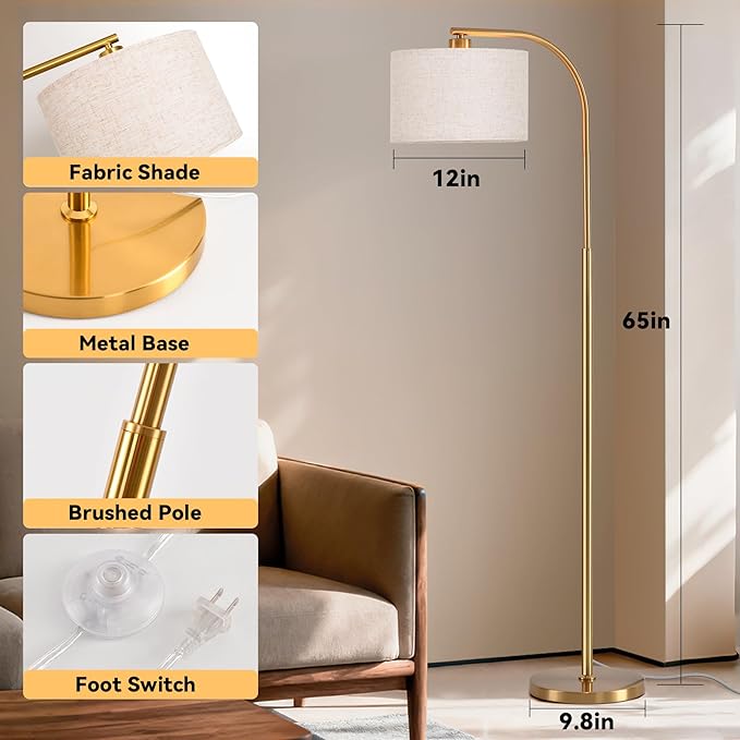 Gold Floor Lamp for Living Room,65'' Modern Standing Lamps with LED Bulb,Elegant Floor Light with Fabric Shade,Tall Lamp for Bedroom Office Study Room Corner Dining Room（Remote not Include）