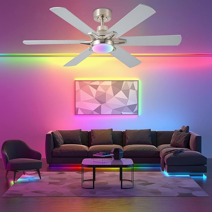 52in Ceiling Fans with Lights RGB Ceiling Fan with Light and Remote/APP Control,Low Profile Ceiling Fans with Lights for Bedroom,Living Room,Kids Room,3CCT Dimmable Modern Ceiling Fan, 6 Speeds,Nickel