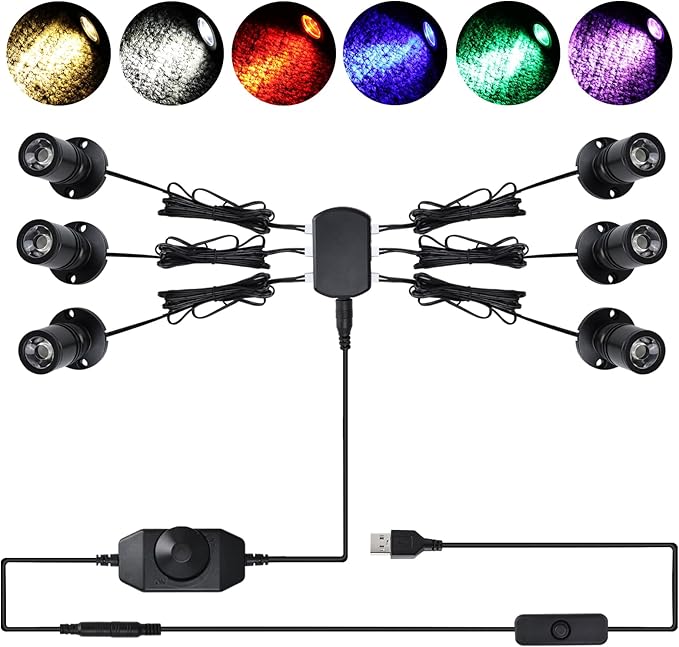 YaeCCC Dimmable Mini LED Spotlight, 6-Pack Multicolor LED with 6 Modes (Warm/Cool/Red/Blue/Green/Purple), USB Powered Accent Lighting for Plants, Jewelry Showcase, Model Display Shelves