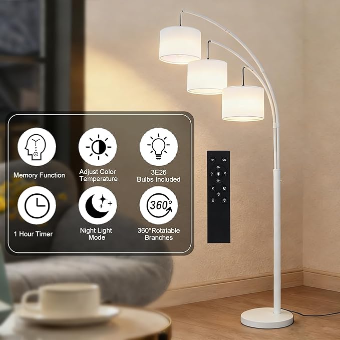 Dimmable Arc Floor Lamp, White Pole Standing Lamp with White Shade and Heavy Base, Remote Control with Stpeless Color Temperatures and Brightness for Bedroom, Office