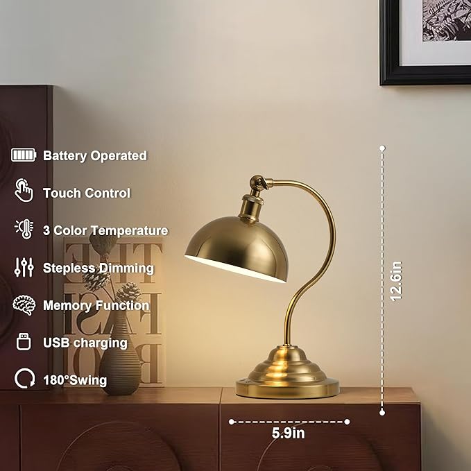 Cordless LED Table Lamp Set of 2, Battery Operated Desk Lamps with Swing Arm & Plastic Shade, Vintage Small Rechargeable Dimmable Light for Bedroom, Living Room, Nightstand, Brass