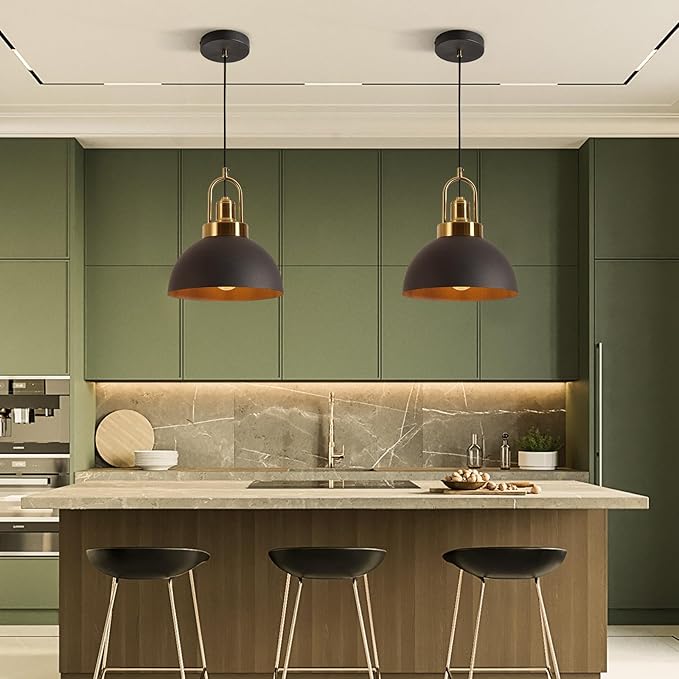 Vintage Industrial Pendant Light Black Pendant Light with 9.84-inch Dome and Brass Socket, 78.74-inch Wire – Perfect for Kitchen Island, Dining Room, Hallway, Bedroom, Living Room