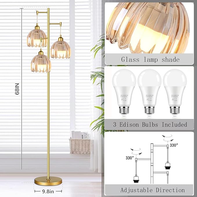 Gold Floor Lamps for Living Room Vintage Floor Lamp with Glass Lmapshape & Three Led Bulb,Glass Floor Lamps Brass Mid Century Modern Standing Lamp Tall Tree Flower Floor Lamp for Bedroom,Office,Corner