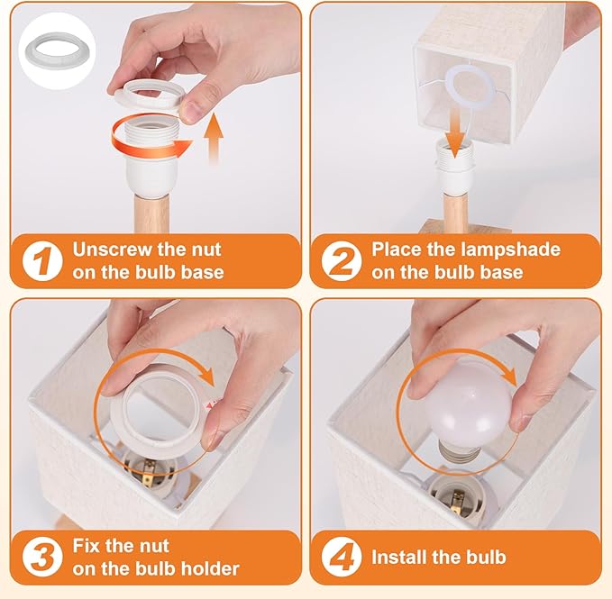 Small Corded Touch Square Table Lamp with Stepless Dimming, Natural Wood Base & Linen Fabric Shade, 5W Ambient Night Light for Bedroom, Bedside, Nightstand, Living Room, Nursery