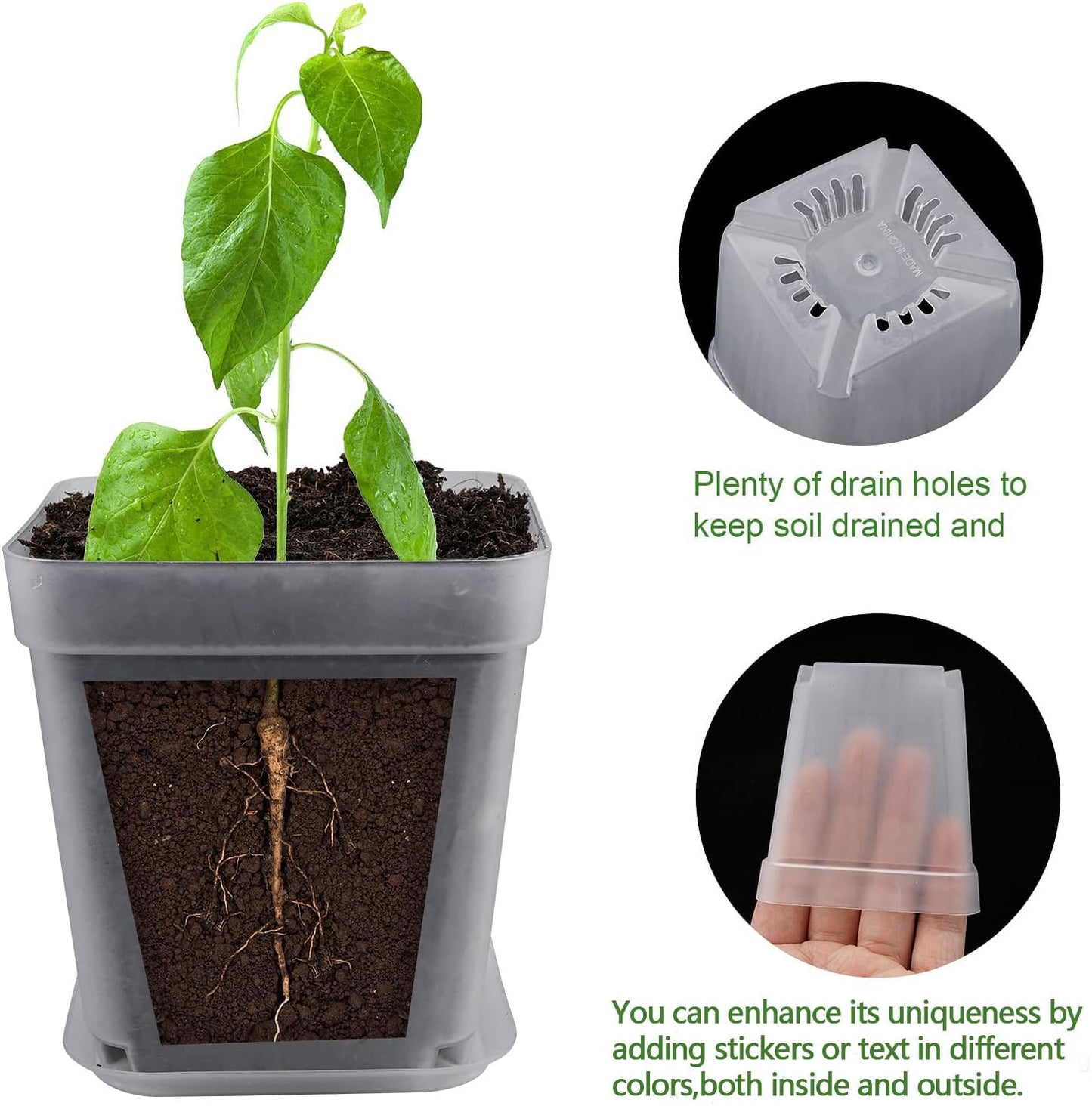 Business King Square Nursery Pots Plastic 28 pcs 3 inches with Saucers and Plant Labels Reusable Seedling Pots Frosted Starter Plant Pots Mini Planter for Indoor/Outdoor
