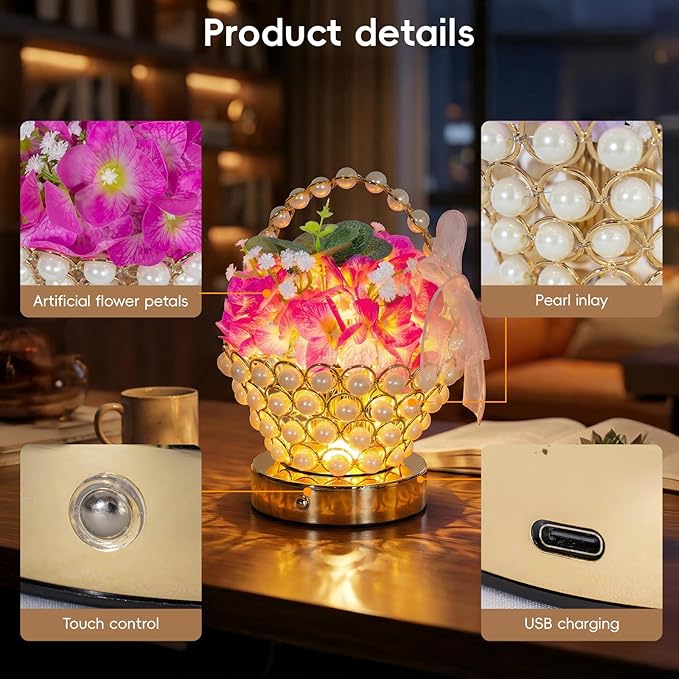 Portable Hydrangea Pearl-Handle Lamp – Cordless LED 3D-Printed Flower Light with 3-Color Touch Control, USB-C Rechargeable Table Centerpiece, Luxury Anniversary & Housewarming Gifts for Women