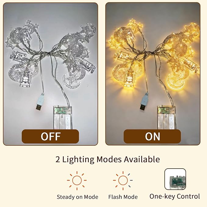 Moon Star String Lights 10FT 20 LED Star Fairy Lights Ramadan Lights with Battery & USB Powered 2 Lighting Modes Waterproof Eid Mubarak lights for Ramadan Decorations Christmas New Year Wedding Party