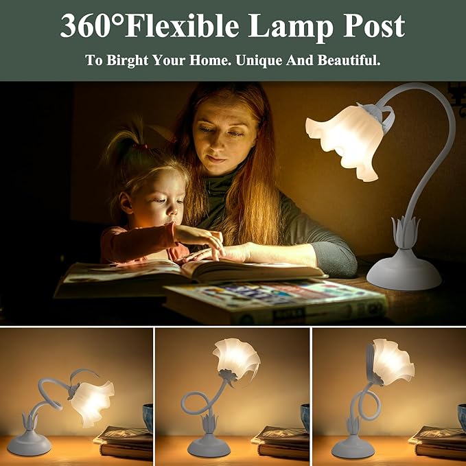 Flower Table Lamp, 3 Level Brightness Vintage Flower Reading Light with E26 Bulb, Cute Desk Lamp Bedside Lamps Lily Lamps for Nightstands Living Room Bedroom Ambient Lighting Home Decor
